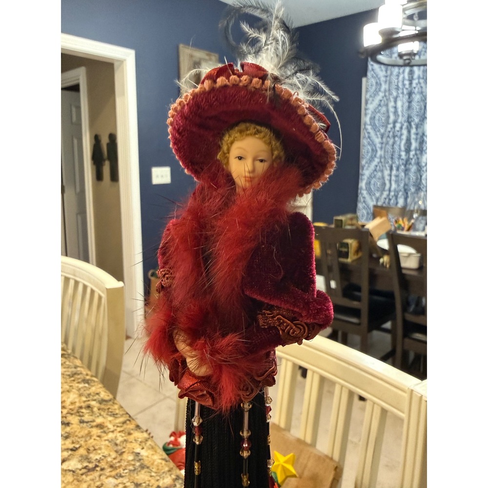 Victorian Lady Figurine Burgundy Velvet Faux Fur Feather Hat Black Fringe 12in